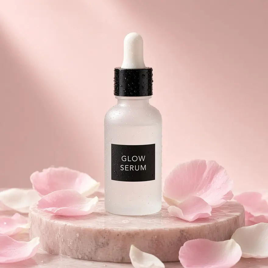 After: frosted serum bottle on pink stone with petals