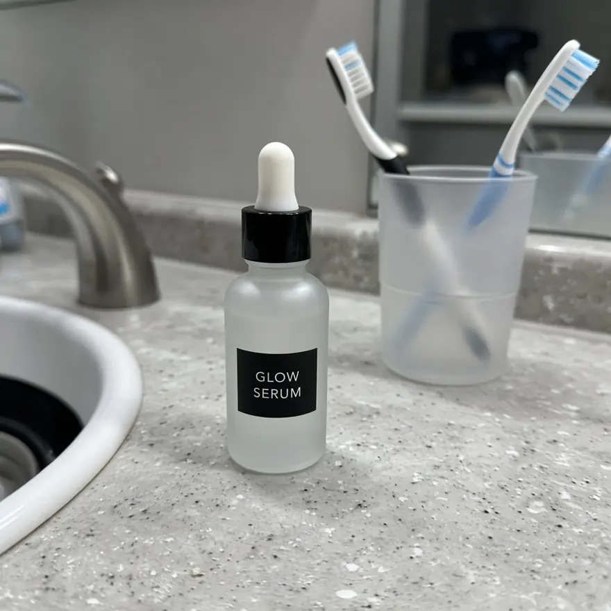 Before: serum bottle on a bathroom sink